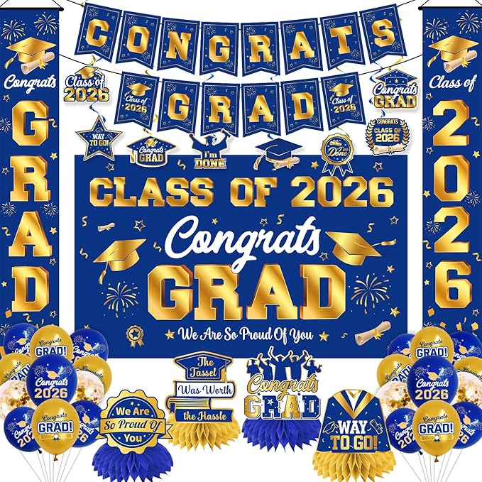 Graduation Decorations Class of 2026 Blue and Gold Graduation Party