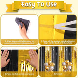 Voircoloria 2 Pack Black and Gold Foil Fringe Backdrop Curtains,