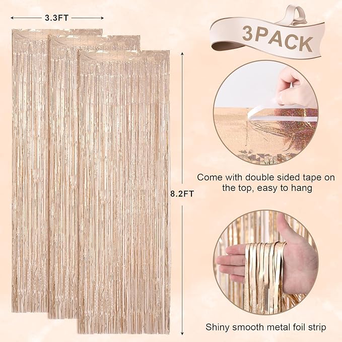 Voircoloria 3 Pack 3.3 x 8.2 ft Laser Champagne Foil Fringe Backdrop