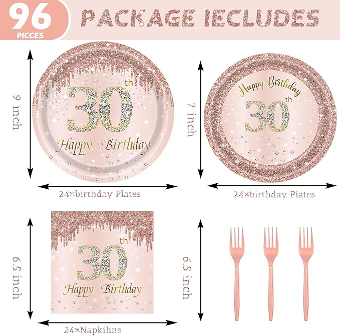 24 Sets 30th Rose Gold Birthday Party Decrations for Women 30
