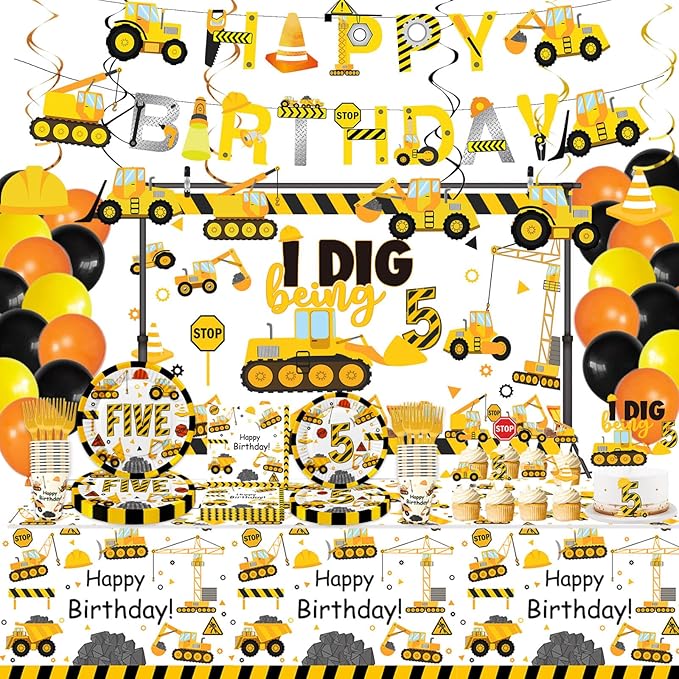178 Pcs Construction 5th Birthday Party Supplies Dump Truck Five