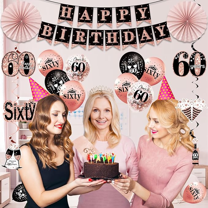 60th Birthday Decorations for Women 33pcs Black Rose Gold Happy 60th