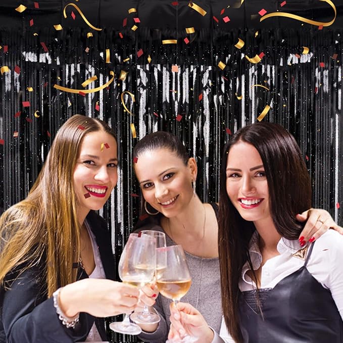 2 Pack 3.2ft x 8.2ft Black Tinsel Foil Fringe Curtain, Sparkle
