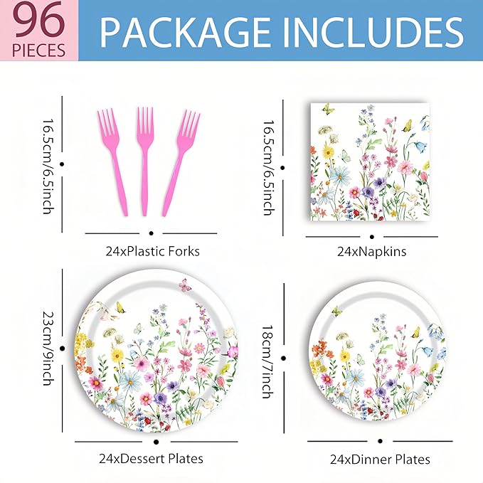 96Pcs Wildflower Plates and Napkins Spring Party Decorations Floral