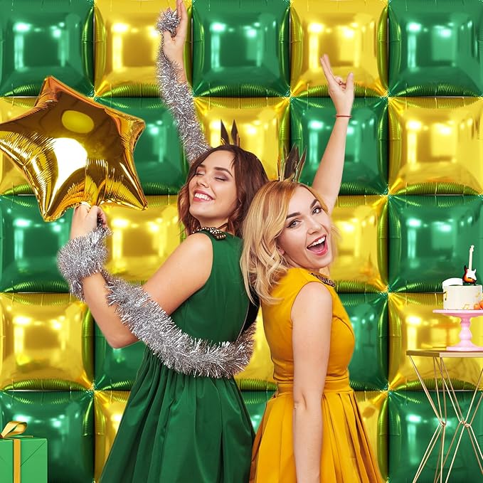 25PCS Christmas Balloons Green Gold Square Foil Balloon Wall