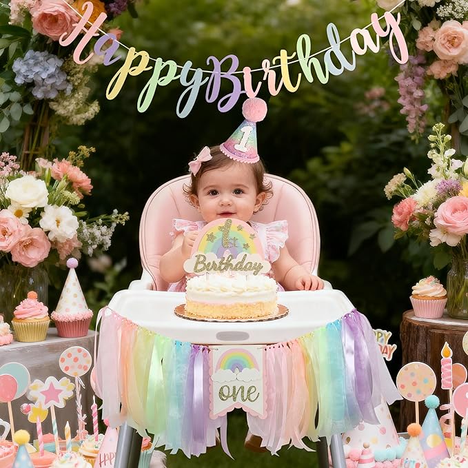 Macaron Pastel Rainbow High Chair Banner for 1st Birthday