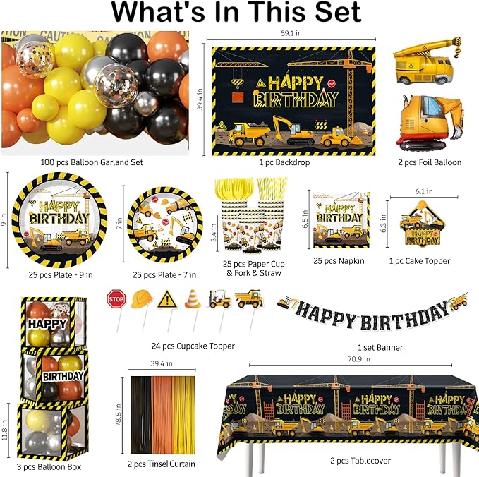287Pcs Construction Birthday Party Supplies 25 Construction Theme