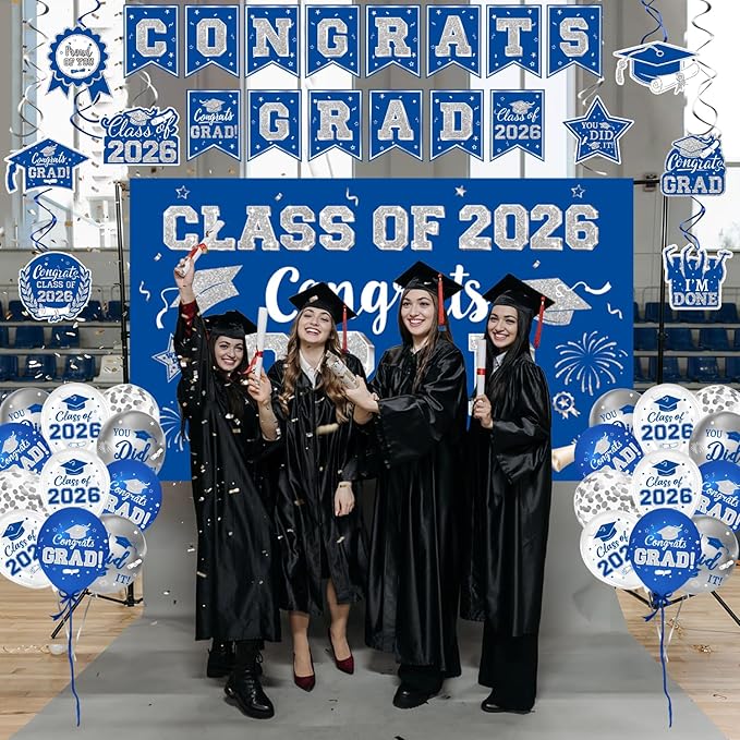 Graduation Decorations Class of 2026, Blue and Silver Graduation