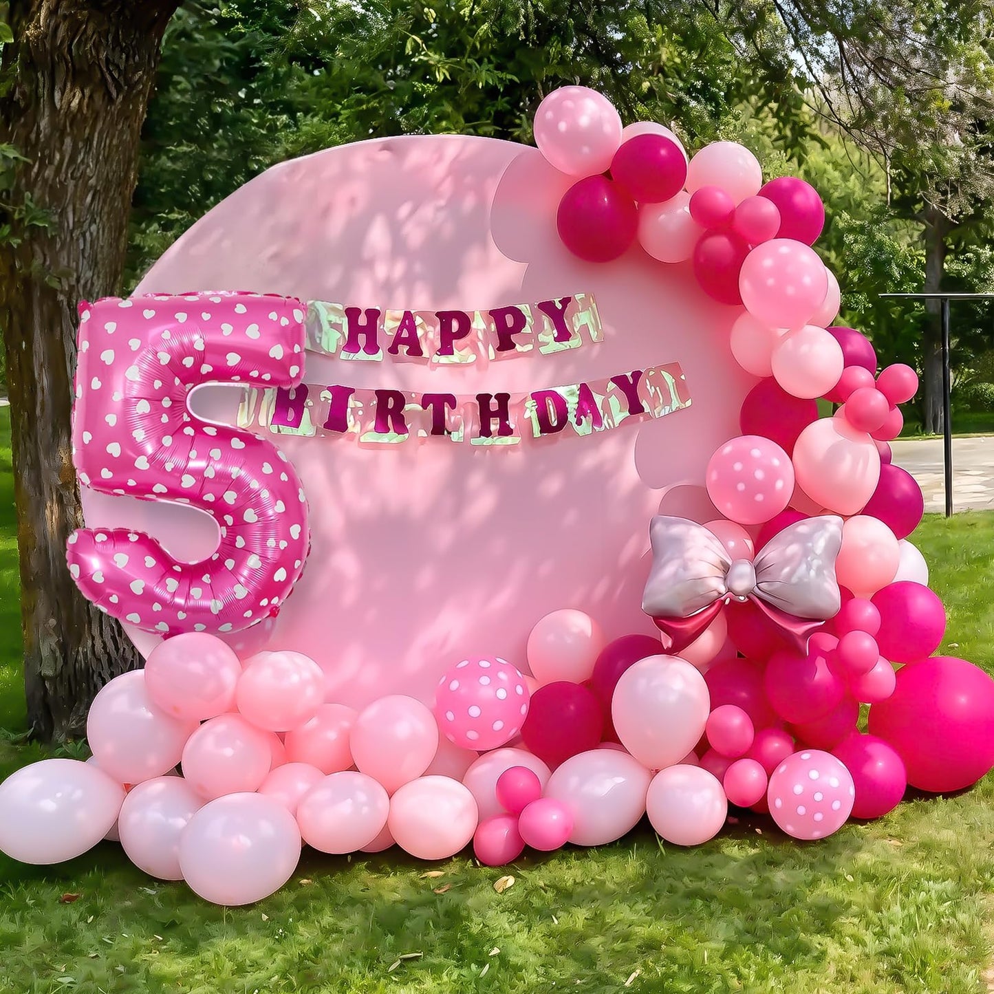 Pink 5th Birthday Balloons Decorations, Hot Pink Rose Polka Dots