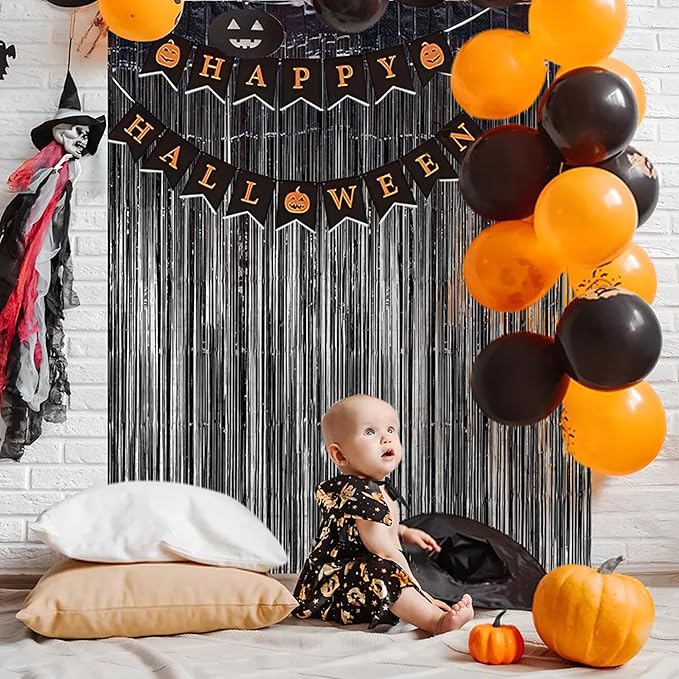 BRAVESHINE Black Party Foil Fringe Curtains - 2 Pack Metallic Tinsel