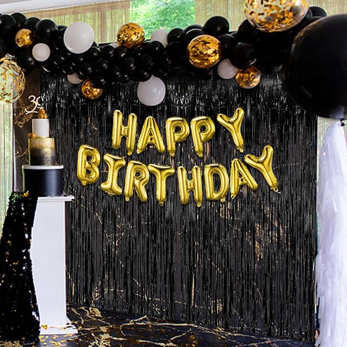 2 Pack Black Party Streamers Backdrop Tinsel Foil Fringe Curtains