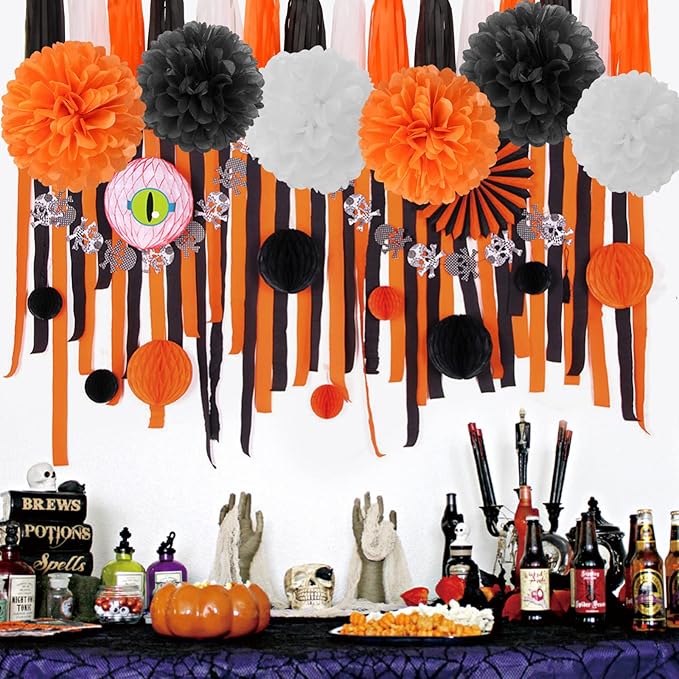 Black White Orange Halloween Party Decorations 23pcs Tissue Pom Poms