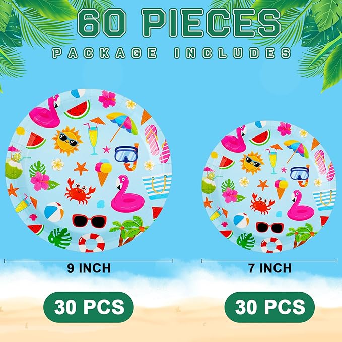 60 Pcs Summer Party Paper Plates Disposable Round Paper