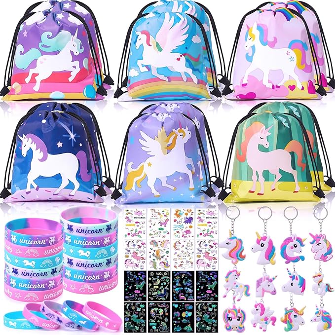 12 Sets Unicorn Party Favors Birthday Supplies for Girls Drawstring