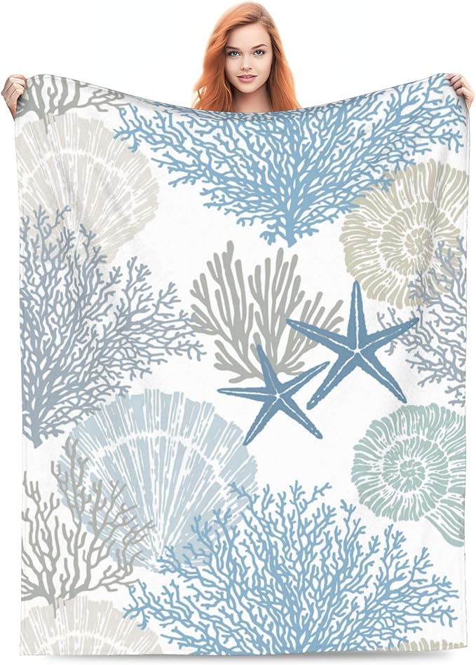 Nautical Coastal Blanket Starfish Seashell Coral Beach Themed Throw