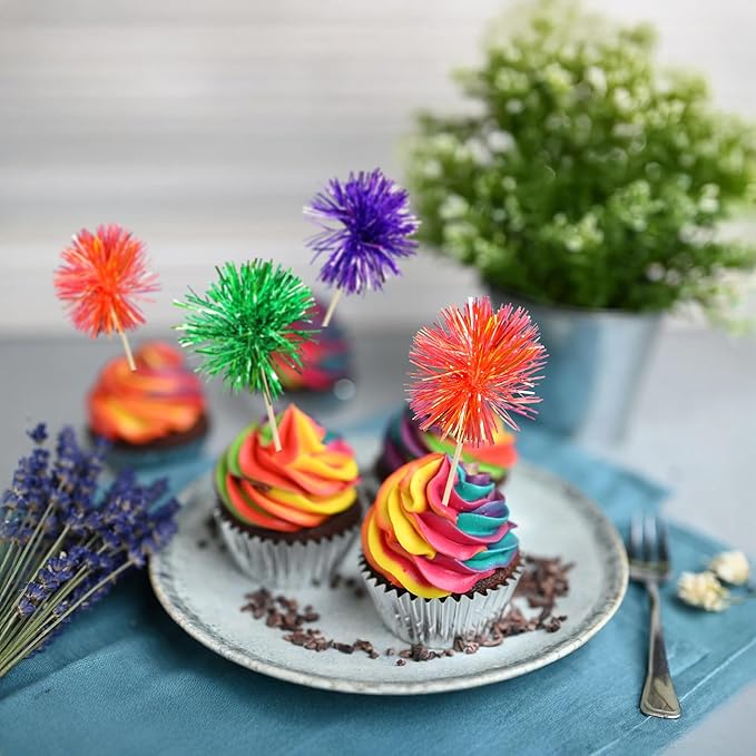 Gyufise 30Pcs Foil Firework Cupcake Toppers Sparkle Tinsel Cake #23