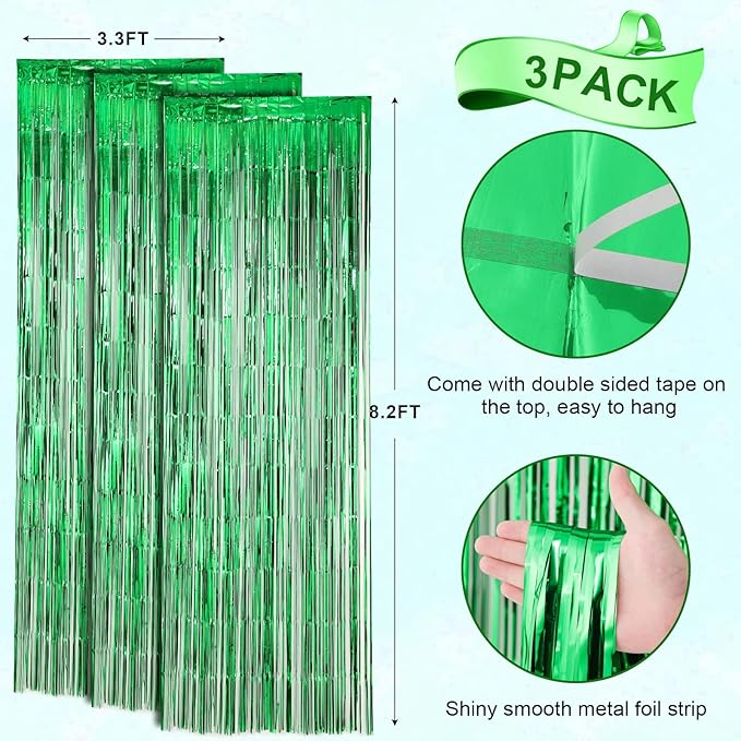Voircoloria 3 Pack 3.3x8.2 Feet Green Foil Fringe Backdrop Curtains,