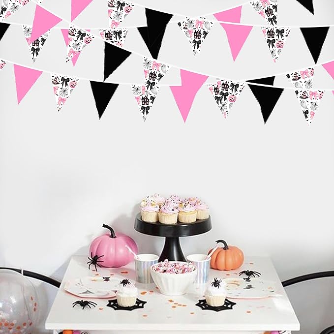 31Ft Pink Black Halloween Party Decorations Spider Bow Pumpkin Skull