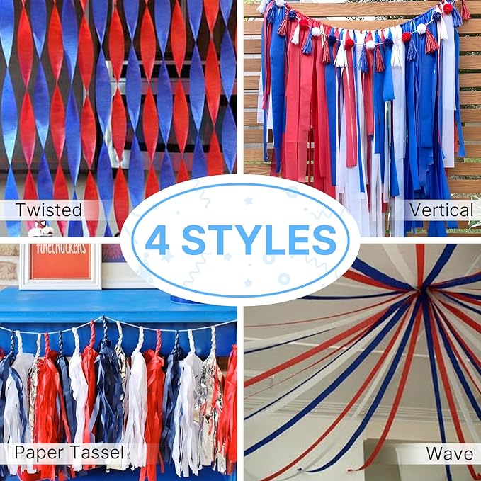 PartyWoo Red and Blue Crepe Paper Streamers 4pcs 328ft Pack of Red
