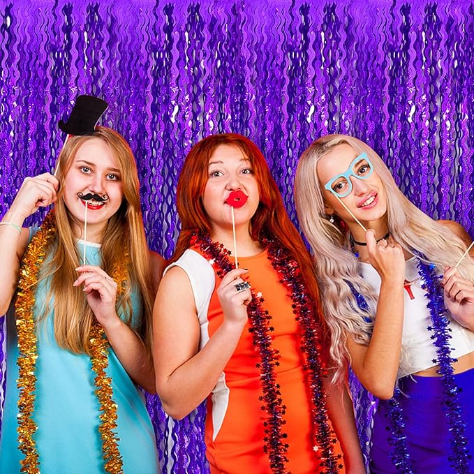 2 Pack Purple Backdrop Tinsel Foil Fringe Curtains Sparkle Metallic
