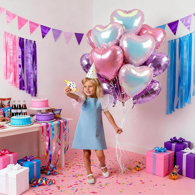 Pink Purple Iridescent Heart Balloons, 12 Pcs Light Pastel Pink