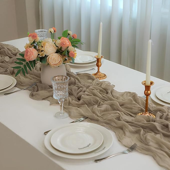 Snowkingdom 6 PCS Nude Brown Cheesecloth Table Runner, Taupe Light