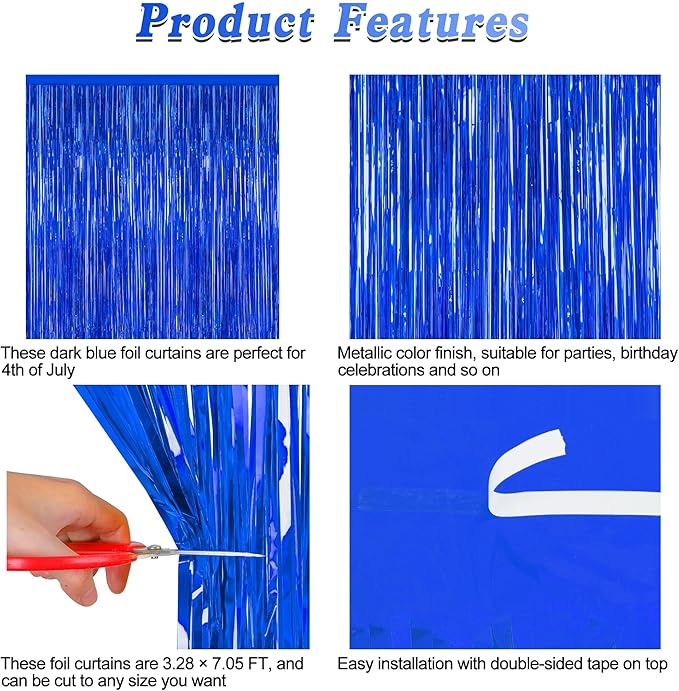 2 PCS Tinsel Backdrop, 3.28 FT x 7.05 FT Dark Blue Backdrop Curtains,
