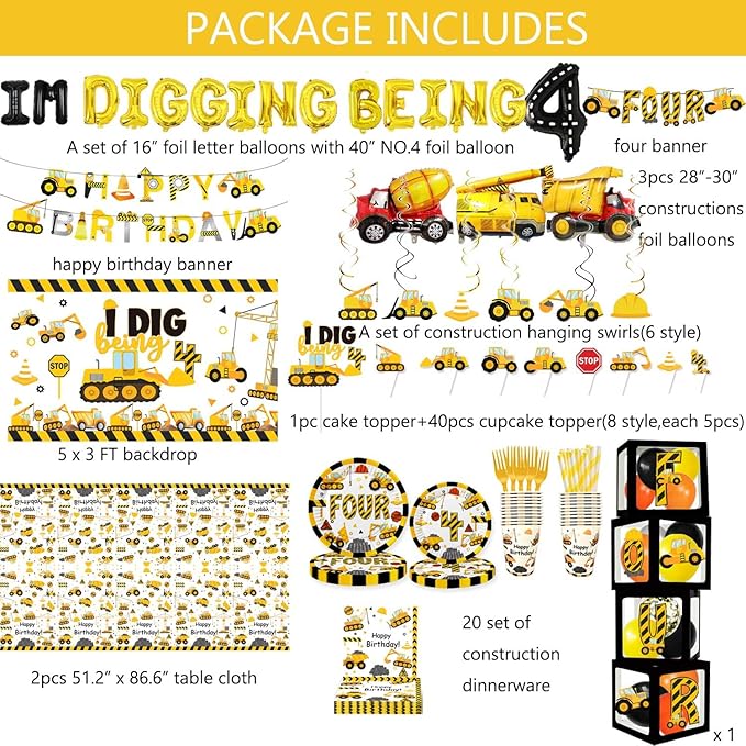 345 Pcs Construction 4th Birthday Party Supplies Dump Truck Four