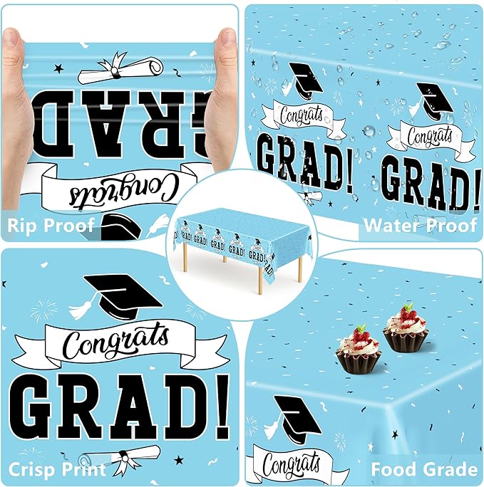 2Pcs Graduation Tablecloths, 108" X 54" Skyblue Graduation Table