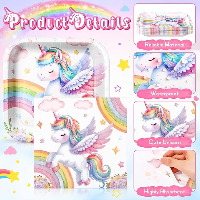 72 Pcs Unicorn Plates and Napkins Serve 36 7 Square Paper Dessert