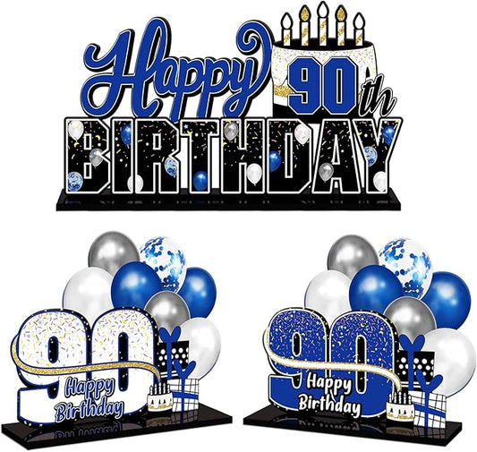 LINGTEER Happy 90th Birthday Blue Acrylic Table Topper Centerpieces