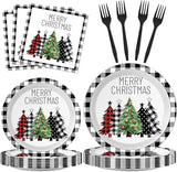 96 Pieces Buffalo Plaid Christmas Tree Tableware Set for Christmas
