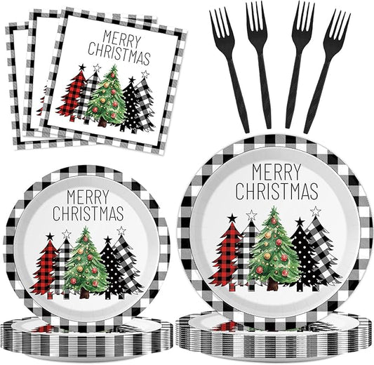 96 Pieces Buffalo Plaid Christmas Tree Tableware Set for Christmas