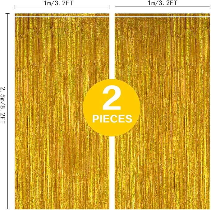 2 Pack 3.2ft x 8.2ft Gold Metallic Foil Curtains, Big Laser Glitter
