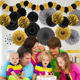 Black and Gold Decorations, Paper Pompoms Fan for Graduation Birthday