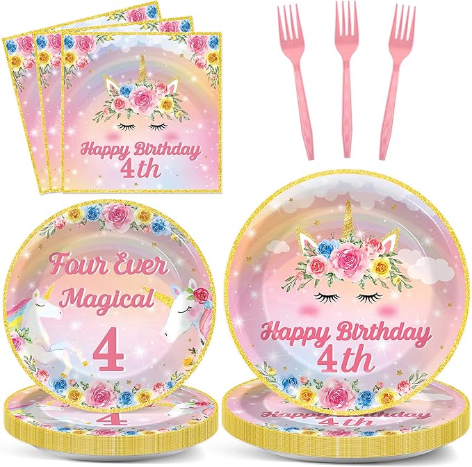 96PCS Four Ever Magical Party Paper Plates and Napkins Unicorn 4th