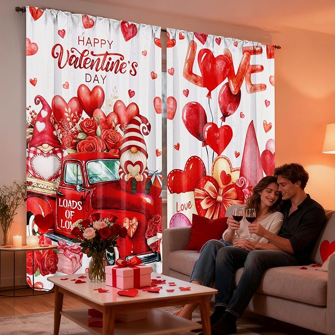 2 Pcs Valentines Day Curtains for Living Room Red Heart Truck Gnome