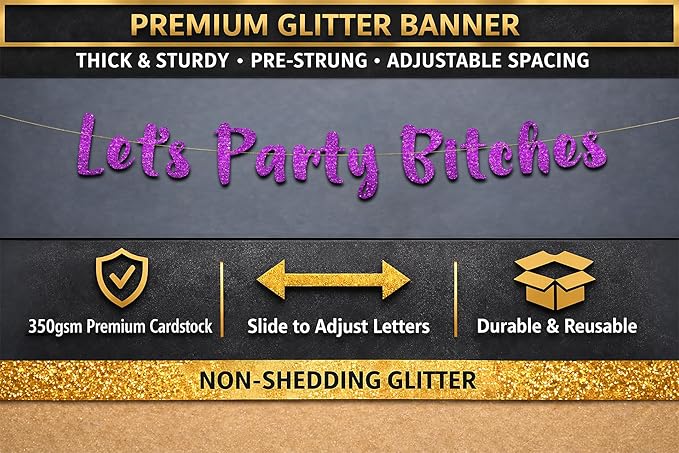 Pre-Strung Let's Party Purple Glitter Banner - Funny Bachelorette