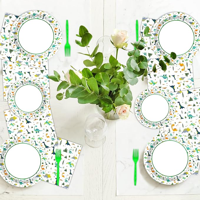 96 Pcs Dinosaur Party Plates Napkins Watercolor Dinosaur Paper