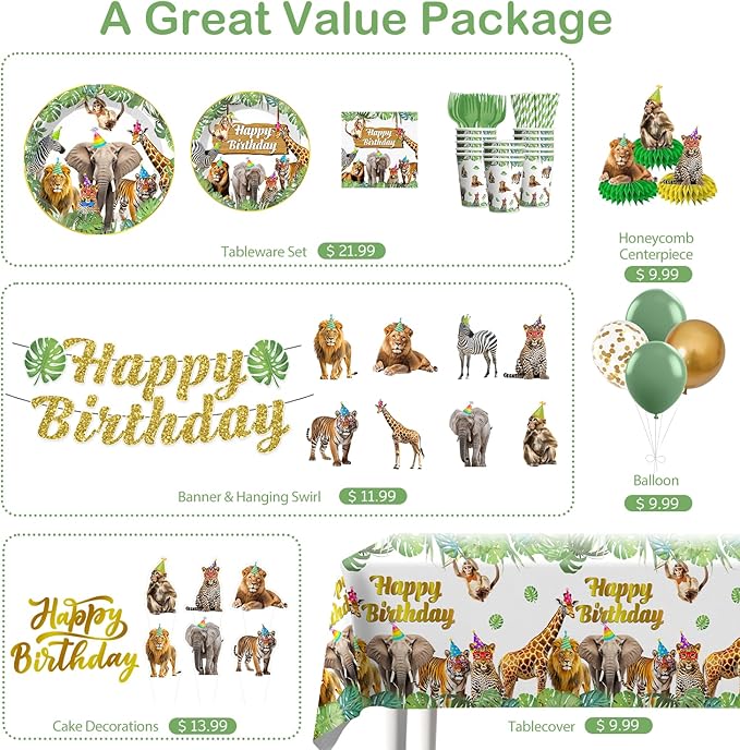 201pcs Safari Birthday Decorations Tableware Set 25 Serves Safari