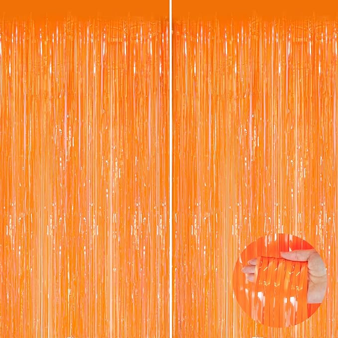 Orange Metallic Tinsel Foil Fringe Curtains, 2 Pack 3.3x8.3 Feet