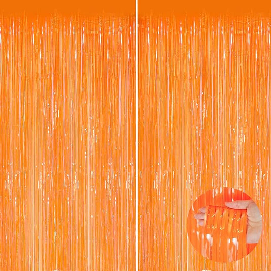 Orange Metallic Tinsel Foil Fringe Curtains, 2 Pack 3.3x8.3 Feet
