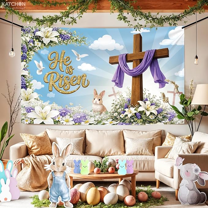 Large Happy Easter Banner 72x44 Inch He is Risen Backdrop for Easter