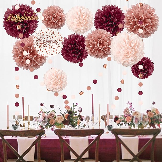 Bachelorette Party Decorations 15Pcs Burgundy Rose Gold Tissue Pom