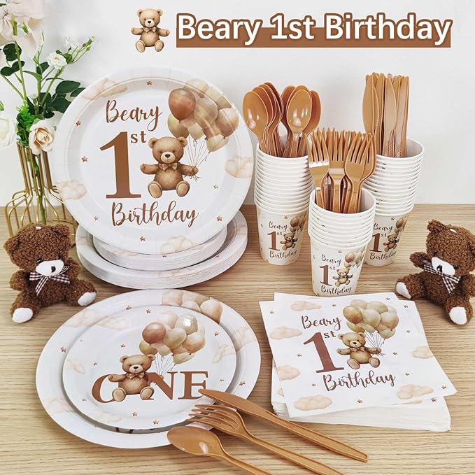 Beary First 1st Birthday Decorations Boy Plates Set 175pcs Teddy