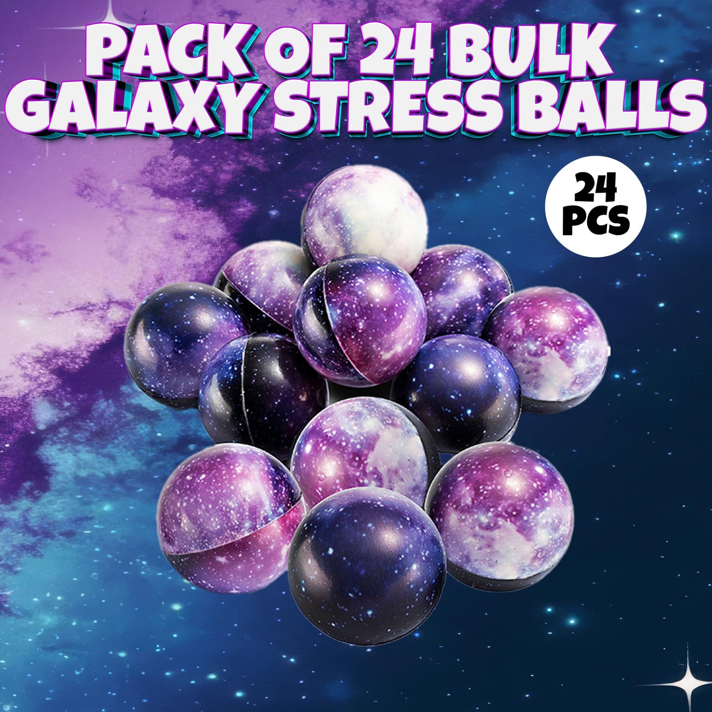 Galaxy Stress Balls for Kids - Pack of 24 Bulk - Squeeze Anxiety
