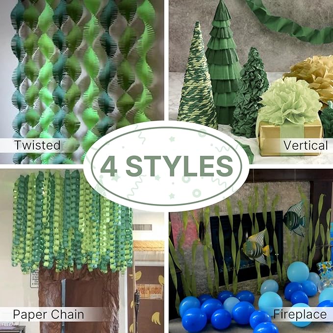 PartyWoo Crepe Paper Streamers 4 Rolls 328ft, Pack of Sage Green
