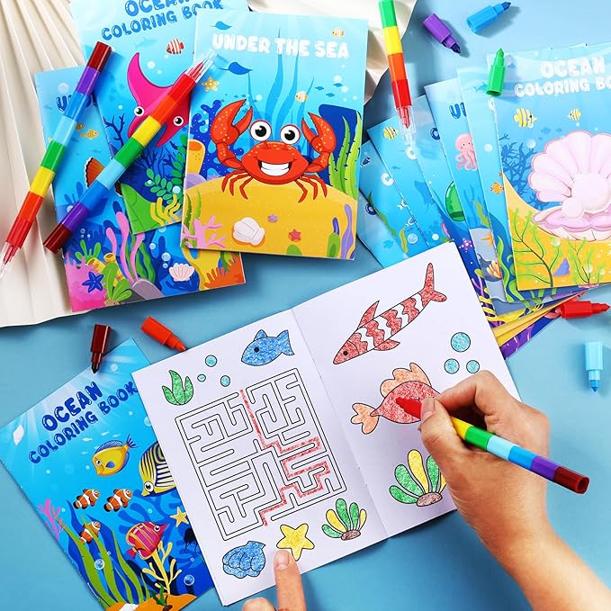 12 Under the Sea Mini Coloring Books Kids with 12 Stacking Crayons