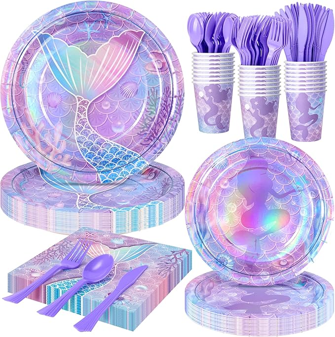 Purple Mermaid Party Tableware Supplies 168PCS Mermaid Plates