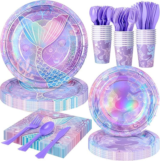Purple Mermaid Party Tableware Supplies 168PCS Mermaid Plates